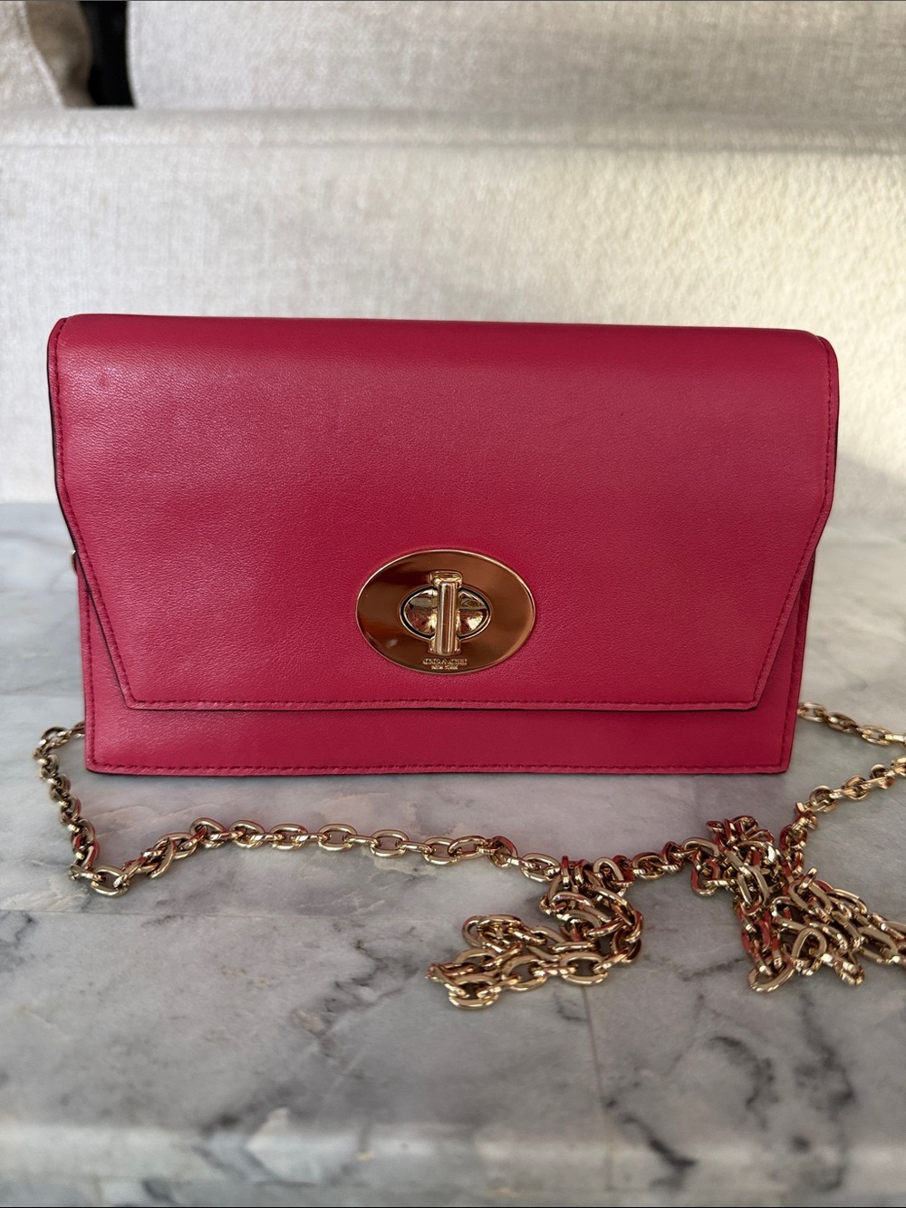 COACH Pink Leather Crossbody Chain Bag with Gold Turn-Lock Logo